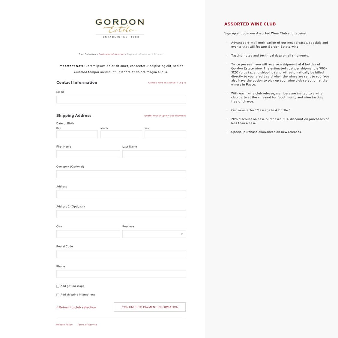 Joseph Bisharat - Projects - Gordon Wines - Wine Club Form